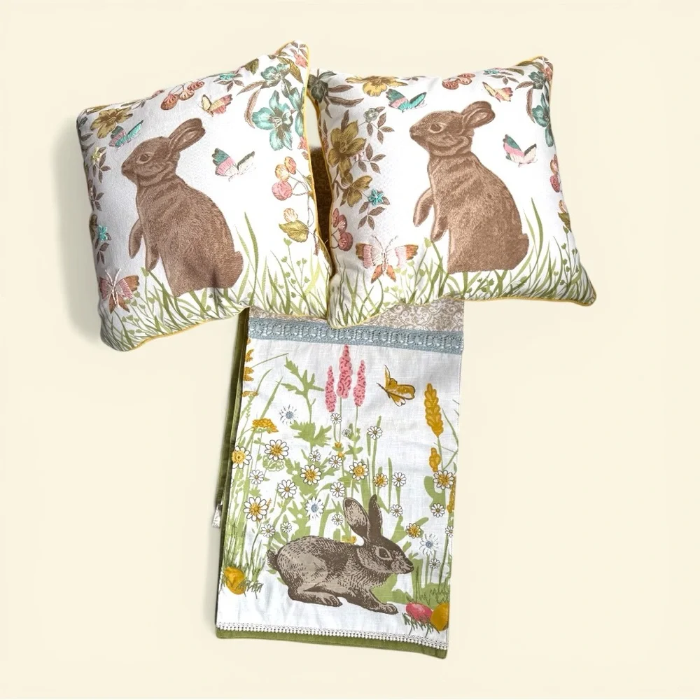Pier 1 Cream 2 Pillows and 1 Runner Brown Bunny and Multicolor Floral Accents - Picture 1 of 5